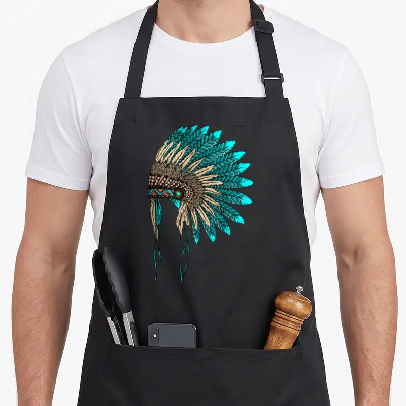 Tablier de cuisine noir avec une coiffe de plumes turquoise et des motifs tribaux colorés imprimée au centre.