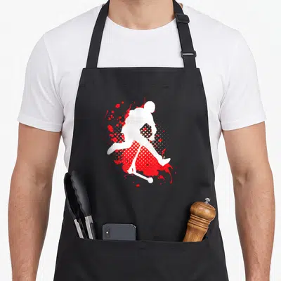 Tablier de cuisine noir avec silhouette blanche de trottinette freestyle et éclaboussures rouges stylisées.