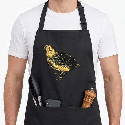 Tablier de cuisine noir avec une illustration gravée d'une caille aux teintes jaunes et noires sur fond uni.