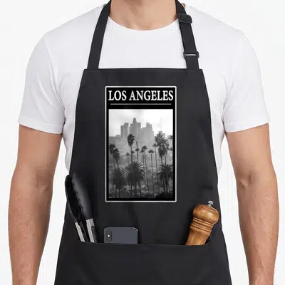 Tablier de cuisine noir avec illustration Los Angeles palmiers et gratte-ciel en noir et blanc encadré blanc