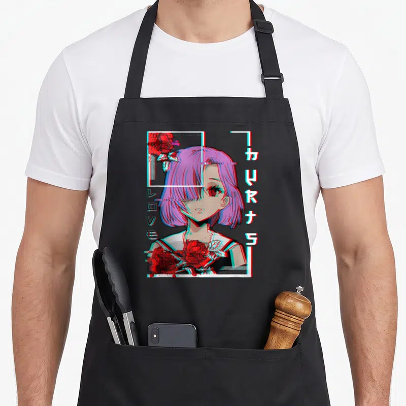 Tablier de cuisine noir avec illustration e-girls aux cheveux roses, roses rouges et texte glitch coloré.