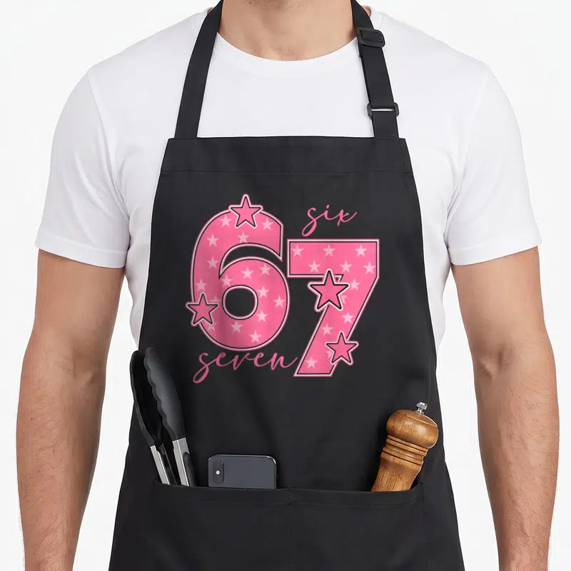 Tablier de cuisine noir avec le chiffre 67 rose, des étoiles et les mots six seven écrits en script.