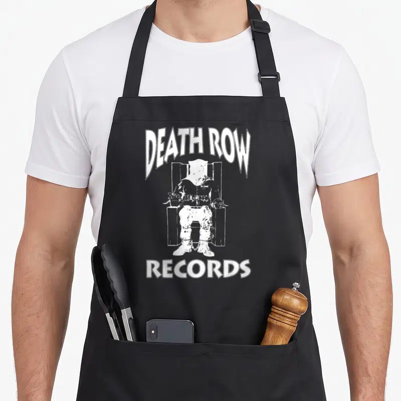 Tablier de cuisine noir avec le logo Death Row Records et une silhouette blanche assise sur un trône au centre du vêtement.