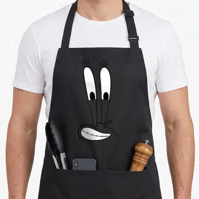Tablier de cuisine noir avec le visage souriant de Mr. Krabs aux yeux très allongés et expression comique en noir et blanc.