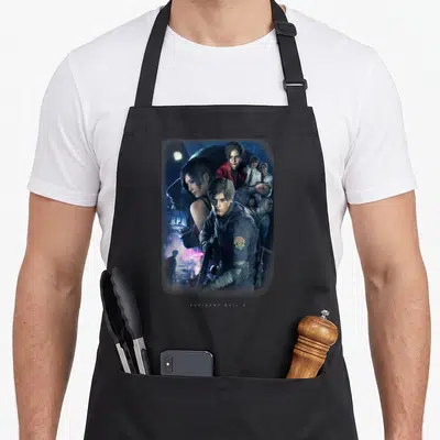 Tablier de cuisine noir avec illustration Resident Evil 2 montrant Leon, Claire et Ada sous la pluie devant le RPD.