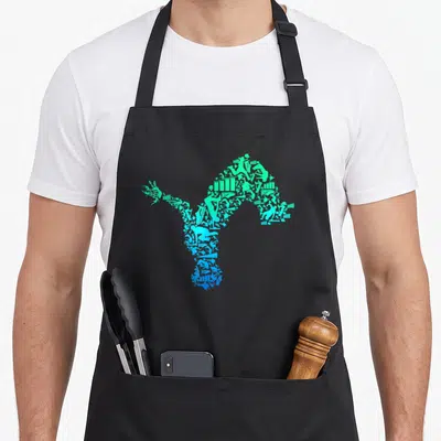 Tablier de cuisine noir avec motif composite en forme de flèche représentant des silhouettes de parkour en dégradé cyan et bleu.