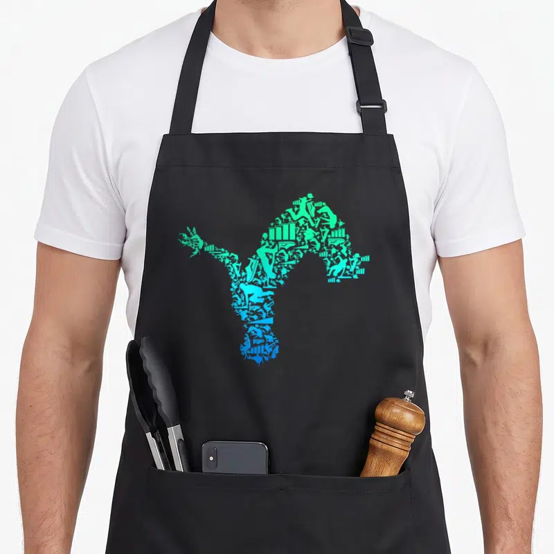 Tablier de cuisine noir avec motif composite en forme de flèche représentant des silhouettes de parkour en dégradé cyan et bleu.