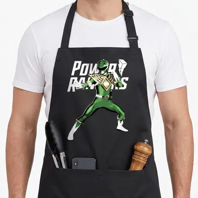 Tablier de cuisine noir avec illustration du Green Ranger et texte blanc Power Rangers.