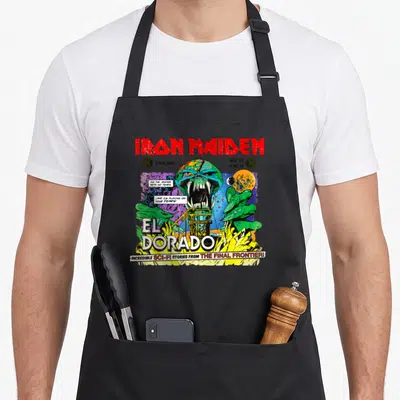 Tablier de cuisine noir avec illustration colorée d'Eddie et texte Iron Maiden El Dorado Final Frontier