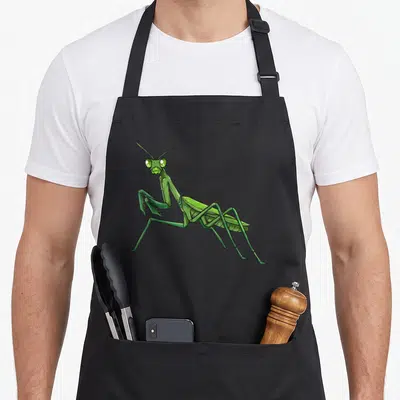 Tablier de cuisine noir avec une mante religieuse verte dessinée au centre, regardant vers l'avant.