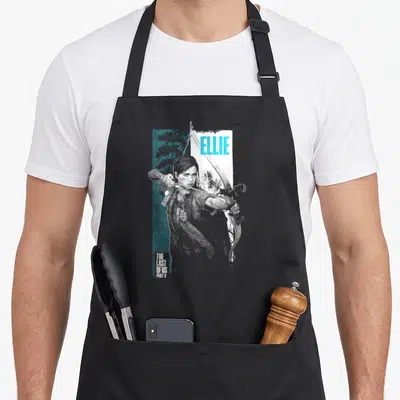 Tablier de cuisine noir avec illustration d'Ellie tirant à l'arc et le texte Ellie en bleu cyan.