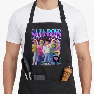 Tablier de cuisine noir avec illustration des Saja Boys et logo Kpop Demon Hunters en bas à droite.