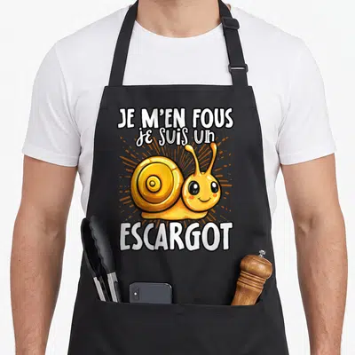 Tablier de cuisine noir avec un escargot jaune souriant et le texte Je m'en fous je suis un escargot imprimé au centre.