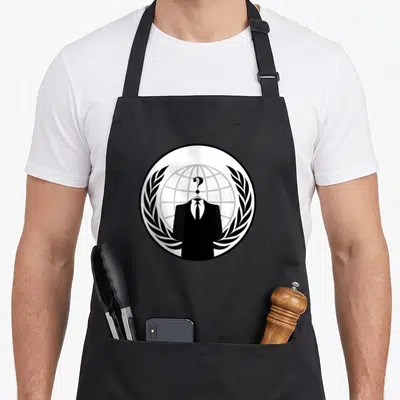 Tablier de cuisine noir avec logo circulaire blanc montrant une silhouette en costume et un point d'interrogation au lieu de la tête.