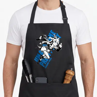 Tablier de cuisine noir avec illustration de Tamamo Cross et texte bleu diagonale Umamusume Pretty Derby