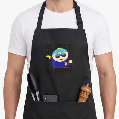 Tablier de cuisine noir avec illustration de Cartman en policier et texte respectez Mon autorité