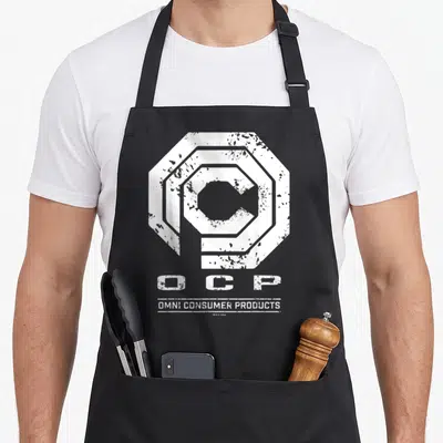 Tablier de cuisine noir avec le logo blanc octogonal OCP Omni Consumer Products en style vieilli et égréné.