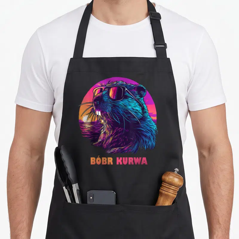 Tablier de cuisine noir avec illustration colorée d'un castor portant des lunettes de soleil et le texte Bóbr Kurwa en bas.