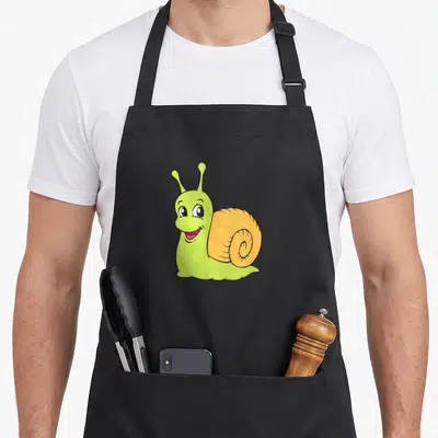 Tablier de cuisine noir avec un escargot vert souriant et une coquille orange en dessin animé.