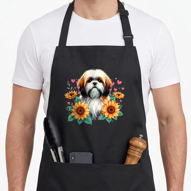 Tablier de cuisine noir avec illustration d'un Shih Tzu blanc et fauve entouré de tournesols et de cœurs roses.