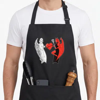 Tablier de cuisine noir avec illustration d'un ange et d'une démonesse partageant un cœur rouge vif.