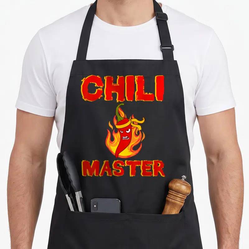 Tablier de cuisine noir avec un piment rouge enflammé portant une ceinture jaune et le texte Chili Master en lettres rouges.