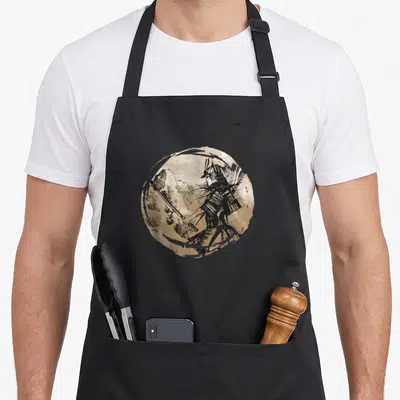 Tablier de cuisine noir avec illustration circulaire d'un samouraï en encre noire sur fond sepia texturé.