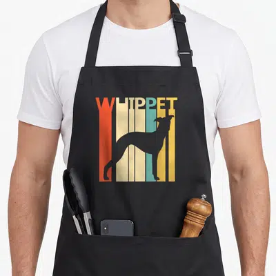 Tablier de cuisine noir avec silhouette de whippet et texte WHIPPET sur bandes colorées