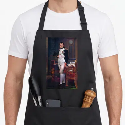 Tablier de cuisine noir avec reproduction du portrait de Napoléon Bonaparte en tenue militaire dans un bureau.