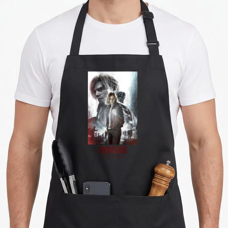 Tablier de cuisine noir avec illustration de Leon et Grace sous la pluie et le texte Biohazard Requiem en bas.