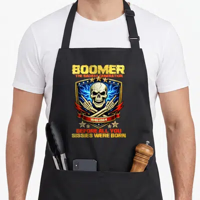 Tablier de cuisine noir avec un crâne, des mains osseuses et le texte Boomer The Badass Generation 1946-1964.