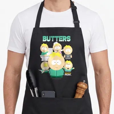 Tablier de cuisine noir avec un collage de six versions de Butters et le texte BUTTERS en haut.