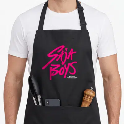 Tablier de cuisine noir avec le logo Saja Boys en rose vif et Kpop Demon Hunters en blanc.