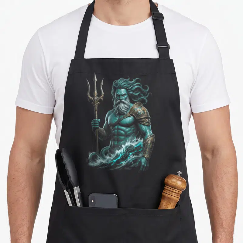 Tablier de cuisine noir avec illustration de Poséidon tenant un trident doré entouré de vagues turquoise.