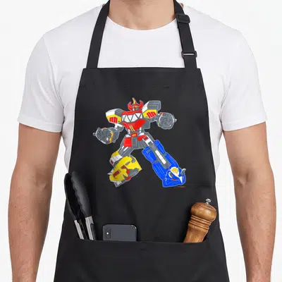Tablier de cuisine noir avec un Power Rangers Zord robot géant multicolore en position dynamique.