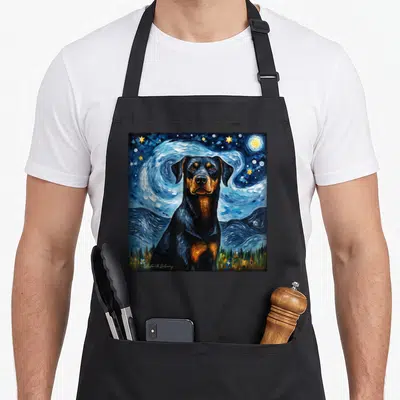 Tablier de cuisine noir avec illustration d'un Beauceron sous un ciel nocturne tourbillonnant et étoilé.