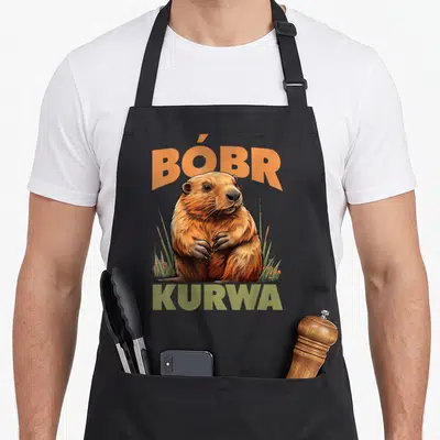 Tablier de cuisine noir avec illustration d'un castor et les mots BÓBR KURWA en lettres colorées.