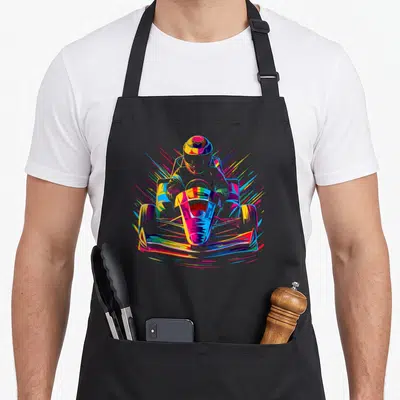 Tablier de cuisine noir avec illustration colorée d'un pilote de karting en style pop art dynamique.