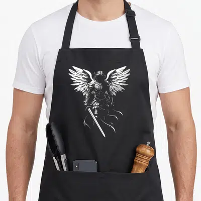 Tablier de cuisine noir avec illustration blanche d'un ange guerrier aux ailes déployées tenant une longue épée.