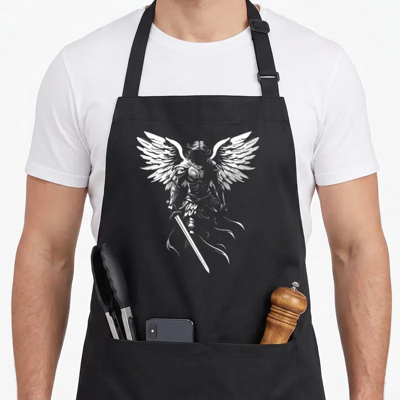 Tablier de cuisine noir avec illustration blanche d'un ange guerrier aux ailes déployées tenant une longue épée.