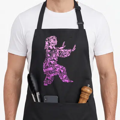 Tablier de cuisine noir avec une silhouette rose formée de symboles yin yang et d'éléments asiatiques stylisés.