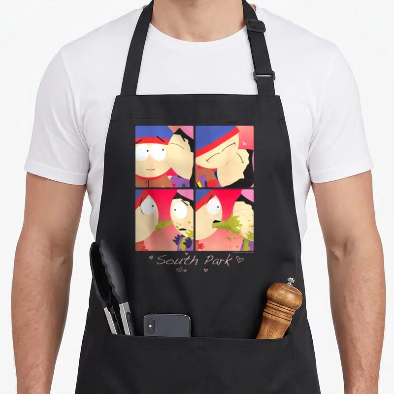 Tablier de cuisine noir avec quatre vignettes illustrant Stan et Wendy dans des scènes romantiques puis comiques avec vomissement.