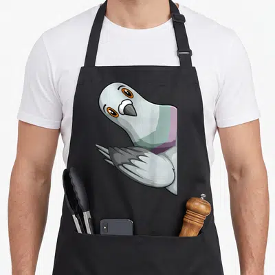 Tablier de cuisine noir avec illustration d'un pigeon gris aux yeux orange et ailes croisées sur le devant.