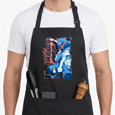 Tablier de cuisine noir avec illustration Bleue du personnage Jaxon et texte Feel The Impact BeybladeX en rouge et blanc.