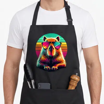 Tablier de cuisine noir avec une illustration colorée d'une capybara portant des lunettes de soleil style pop art.