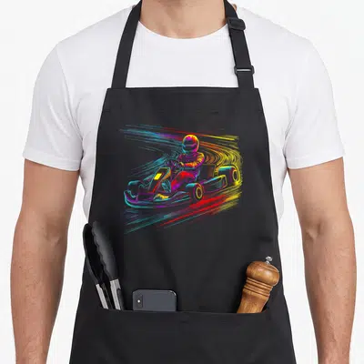 Tablier de cuisine noir avec illustration d'un pilote de karting aux couleurs vives et lignes de vitesse dynamiques.