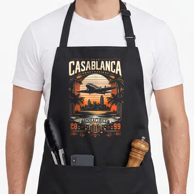 Tablier de cuisine noir avec illustration rétro du skyline de Casablanca, avion vintage et soleil orange strié au centre.