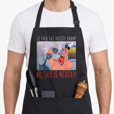 Tablier de cuisine noir avec Patrick Star au téléphone et le texte No This Is Patrick en rouge