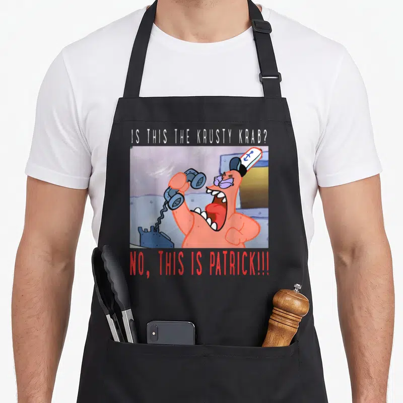 Tablier de cuisine noir avec Patrick Star au téléphone et le texte No This Is Patrick en rouge