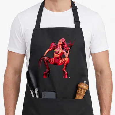 Tablier de cuisine noir avec Lady Gaga en tenue rose métal et bottes à plateforme du projet Chromatica.